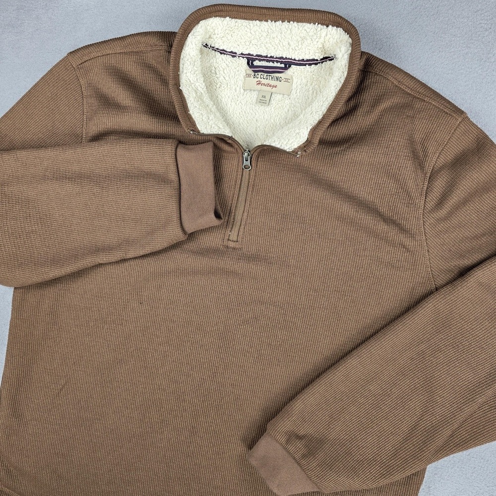 BC Clothing Heritage Sweater Mens 2XL Brown Waffle Knit Sherpa Lined Quarter Zip